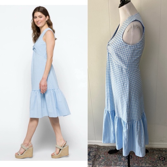 Calvin Kleins sleeveless dress with side pleated ruffle Sz 4 Blue White Gingham - Picture 2 of 15